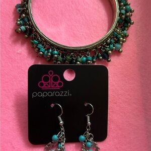 paparazzi Turquoise Beaded Charm Bangle & Dangle Earrings Set